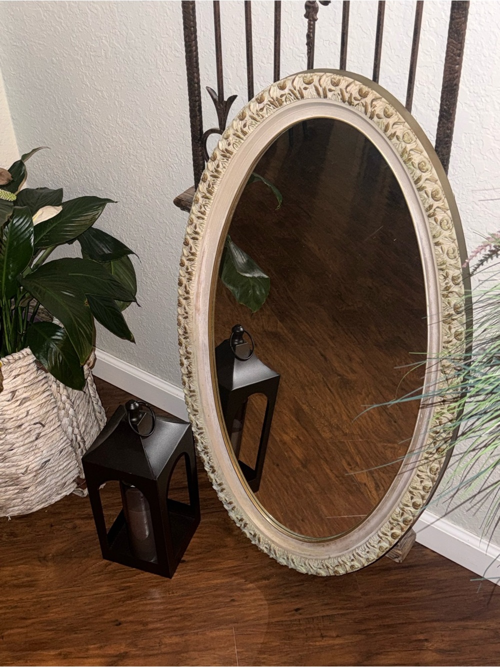 Vintage Oval Wall Mirror Featuring An Ornate, Off-White And Gold-Accented Frame